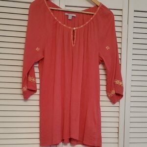 Old Navy Coral Orange Gauze Tunic Top Blouse with Embroidery, Size XL